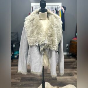 Moda International Coat Gray Soft Suede Faux Fur Lined Jacket Large Vintage VS